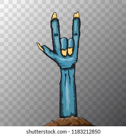 vector blue cartoon Zombie hand shows rock n roll gesture isolated on transparent background with space for text . vector Zombie party halloween background or poster design template