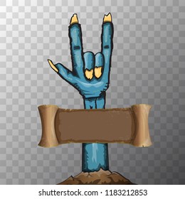 vector blue cartoon Zombie hand shows rock n roll gesture isolated on transparent background with space for text . vector Zombie party halloween background or poster design template