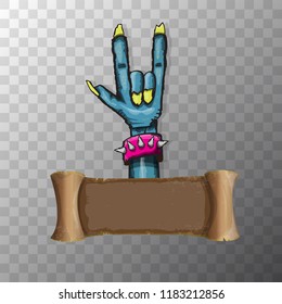 vector blue cartoon Zombie hand shows rock n roll gesture isolated on transparent background with space for text . vector Zombie party halloween background or poster design template