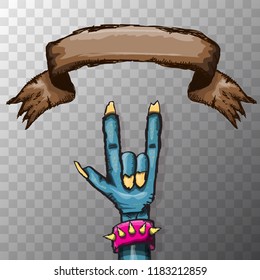 vector blue cartoon Zombie hand shows rock n roll gesture isolated on transparent background with space for text . vector Zombie party halloween background or poster design template