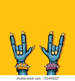 vector blue cartoon Zombie hand shows rock n roll gesture isolated on orange background with space for text . vector Zombie party halloween background or poster design template