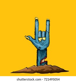 vector blue cartoon Zombie hand shows rock n roll gesture isolated on orange background with space for text . vector Zombie party halloween background or poster design template