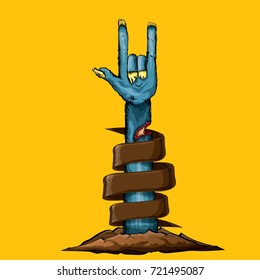 vector blue cartoon Zombie hand shows rock n roll gesture isolated on orange background with space for text . vector Zombie party halloween background or poster design template