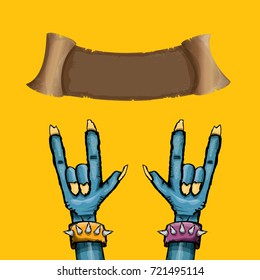 vector blue cartoon Zombie hand shows rock n roll gesture isolated on orange background with space for text . vector Zombie party halloween background or poster design template