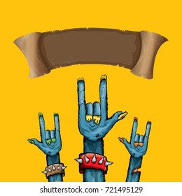 vector blue cartoon Zombie hand shows rock n roll gesture isolated on orange background with space for text . vector Zombie party halloween background or poster design template