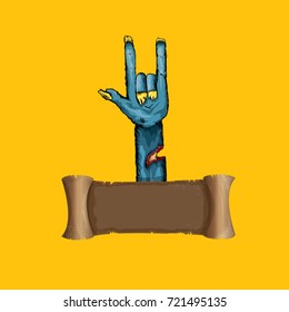 vector blue cartoon Zombie hand shows rock n roll gesture isolated on orange background with space for text . vector Zombie party halloween background or poster design template