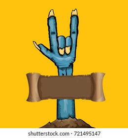 vector blue cartoon Zombie hand shows rock n roll gesture isolated on orange background with space for text . vector Zombie party halloween background or poster design template