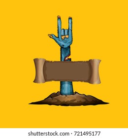 vector blue cartoon Zombie hand shows rock n roll gesture isolated on orange background with space for text . vector Zombie party halloween background or poster design template