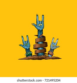 vector blue cartoon Zombie hand shows rock n roll gesture isolated on orange background with space for text . vector Zombie party halloween background or poster design template
