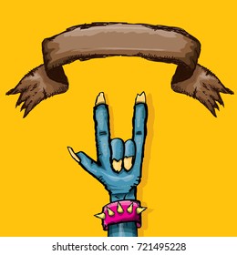 vector blue cartoon Zombie hand shows rock n roll gesture isolated on orange background with space for text . vector Zombie party halloween background or poster design template