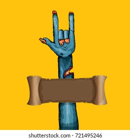 vector blue cartoon Zombie hand shows rock n roll gesture isolated on orange background with space for text . vector Zombie party halloween background or poster design template