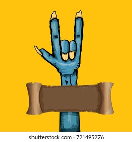 vector blue cartoon Zombie hand shows rock n roll gesture isolated on orange background with space for text . vector Zombie party halloween background or poster design template