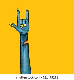 vector blue cartoon Zombie hand shows rock n roll gesture isolated on orange background with space for text . vector Zombie party halloween background or poster design template