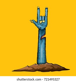 vector blue cartoon Zombie hand shows rock n roll gesture isolated on orange background with space for text . vector Zombie party halloween background or poster design template