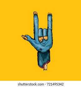vector blue cartoon Zombie hand shows rock n roll gesture isolated on orange background with space for text . vector Zombie party halloween background or poster design template