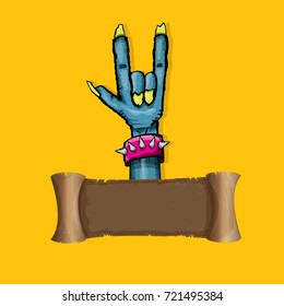 vector blue cartoon Zombie hand shows rock n roll gesture isolated on orange background with space for text . vector Zombie party halloween background or poster design template