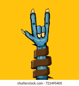 vector blue cartoon Zombie hand shows rock n roll gesture isolated on orange background with space for text . vector Zombie party halloween background or poster design template
