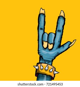 vector blue cartoon Zombie hand shows rock n roll gesture isolated on orange background with space for text . vector Zombie party halloween background or poster design template