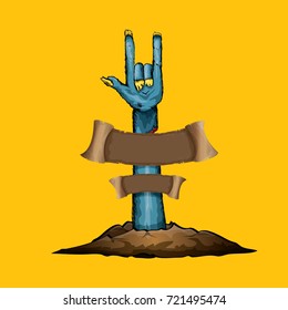 vector blue cartoon Zombie hand shows rock n roll gesture isolated on orange background with space for text . vector Zombie party halloween background or poster design template