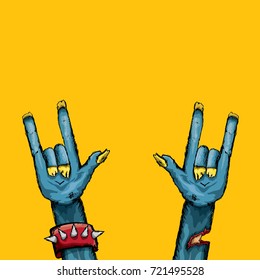 vector blue cartoon Zombie hand shows rock n roll gesture isolated on orange background with space for text . vector Zombie party halloween background or poster design template