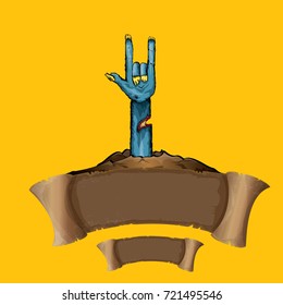 vector blue cartoon Zombie hand shows rock n roll gesture isolated on orange background with space for text . vector Zombie party halloween background or poster design template