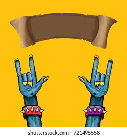vector blue cartoon Zombie hand shows rock n roll gesture isolated on orange background with space for text . vector Zombie party halloween background or poster design template