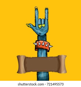 vector blue cartoon Zombie hand shows rock n roll gesture isolated on orange background with space for text . vector Zombie party halloween background or poster design template