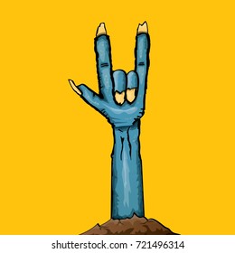 vector blue cartoon Zombie hand shows rock n roll gesture isolated on orange background with space for text . vector Zombie party halloween background or poster design template
