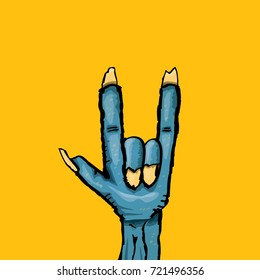vector blue cartoon Zombie hand shows rock n roll gesture isolated on orange background with space for text . vector Zombie party halloween background or poster design template