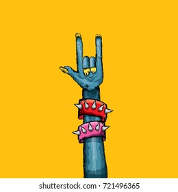 vector blue cartoon Zombie hand shows rock n roll gesture isolated on orange background with space for text . vector Zombie party halloween background or poster design template