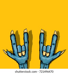 vector blue cartoon Zombie hand shows rock n roll gesture isolated on orange background with space for text . vector Zombie party halloween background or poster design template