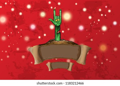 vector blue cartoon Zombie rock n roll hand isolated on horizontal red background with blur and lights . vector Zombie party halloween background or horizontal heavy metal poster design template