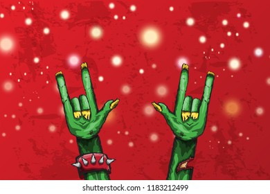 vector blue cartoon Zombie rock n roll hand isolated on horizontal red background with blur and lights . vector Zombie party halloween background or horizontal heavy metal poster design template