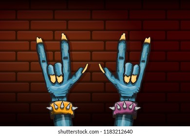 vector blue cartoon Zombie rock n roll hand isolated on horizontal brick wall background with space for text . vector Zombie party halloween background or horizontal heavy metal poster design template