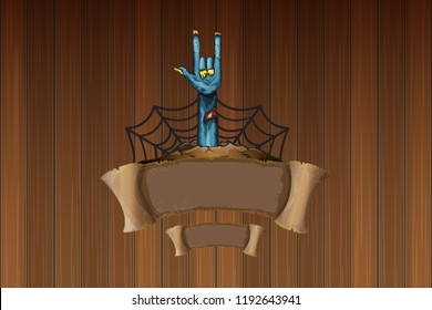 vector blue cartoon Zombie rock n roll hand isolated on horizontal wood wall background with space for text . vector Zombie party halloween background or horizontal heavy metal poster design template