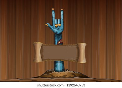 vector blue cartoon Zombie rock n roll hand isolated on horizontal wood wall background with space for text . vector Zombie party halloween background or horizontal heavy metal poster design template