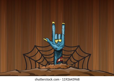 vector blue cartoon Zombie rock n roll hand isolated on horizontal wood wall background with space for text . vector Zombie party halloween background or horizontal heavy metal poster design template
