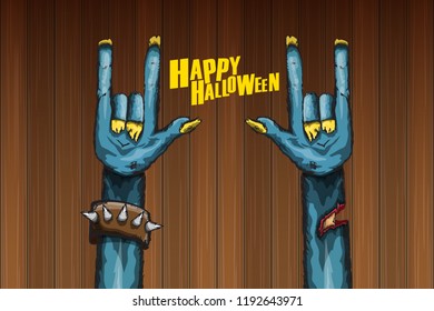vector blue cartoon Zombie rock n roll hand isolated on horizontal wood wall background with space for text . vector Zombie party halloween background or horizontal heavy metal poster design template