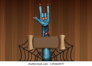 vector blue cartoon Zombie rock n roll hand isolated on horizontal wood wall background with space for text . vector Zombie party halloween background or horizontal heavy metal poster design template
