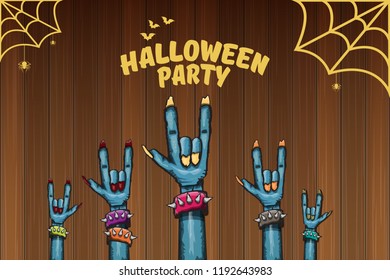 vector blue cartoon Zombie rock n roll hand isolated on horizontal wood wall background with space for text . vector Zombie party halloween background or horizontal heavy metal poster design template
