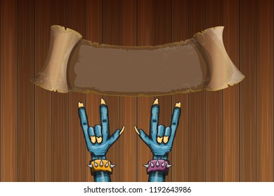 vector blue cartoon Zombie rock n roll hand isolated on horizontal wood wall background with space for text . vector Zombie party halloween background or horizontal heavy metal poster design template