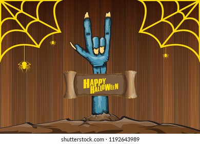 vector blue cartoon Zombie rock n roll hand isolated on horizontal wood wall background with space for text . vector Zombie party halloween background or horizontal heavy metal poster design template