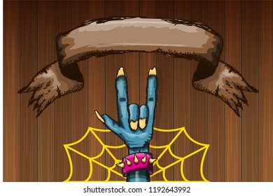 vector blue cartoon Zombie rock n roll hand isolated on horizontal wood wall background with space for text . vector Zombie party halloween background or horizontal heavy metal poster design template