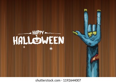vector blue cartoon Zombie rock n roll hand isolated on horizontal wood wall background with space for text . vector Zombie party halloween background or horizontal heavy metal poster design template