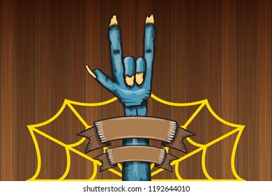 vector blue cartoon Zombie rock n roll hand isolated on horizontal wood wall background with space for text . vector Zombie party halloween background or horizontal heavy metal poster design template