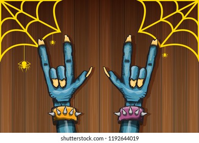 vector blue cartoon Zombie rock n roll hand isolated on horizontal wood wall background with space for text . vector Zombie party halloween background or horizontal heavy metal poster design template
