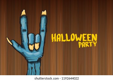 vector blue cartoon Zombie rock n roll hand isolated on horizontal wood wall background with space for text . vector Zombie party halloween background or horizontal heavy metal poster design template