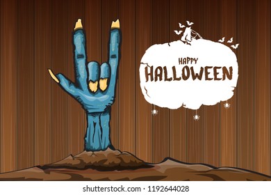 vector blue cartoon Zombie rock n roll hand isolated on horizontal wood wall background with space for text . vector Zombie party halloween background or horizontal heavy metal poster design template