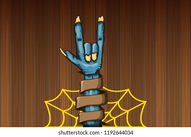 vector blue cartoon Zombie rock n roll hand isolated on horizontal wood wall background with space for text . vector Zombie party halloween background or horizontal heavy metal poster design template