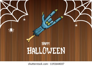 vector blue cartoon Zombie rock n roll hand isolated on horizontal wood wall background with space for text . vector Zombie party halloween background or horizontal heavy metal poster design template